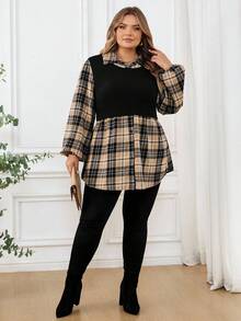 SHEIN CURVE+ 大码立领格子长灯笼袖针织撞色拼接休闲宽松衬衫，办公室装女士两件套纽扣装饰/秋冬 - 彩色 - 查看 6
