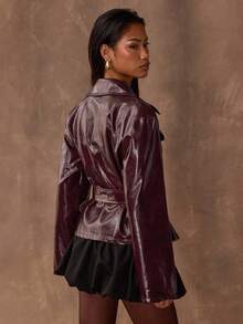 SHEIN BAE 女式纯色时尚短款拉链风衣 - 酒紅色 - 查看 2