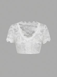SHEIN Frenchy Women's V-Neck Lace Trim Short Sleeve Casual Cropped Top Oktoberfest Dirndl Tops Oktoberfest Tracht Oktoberfest Wiesn Bierfest Oktoberfest Dirndl Oktoberfest Festival Lace Crop Top Summer White - White - View 8