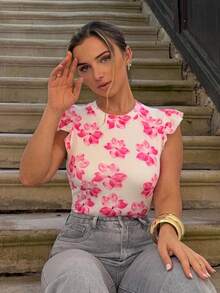 Jeta Ari Women's Casual Vacation, Western, Beach, Wedding Guest, Graduate, Brunch, St. Patrick's Day, Spring Break, Easter, Music Festival - Elegant Bohemian Tropical Floral Print Ruffle Sleeve T-Shirt Vest Top, Spring/Summer - Pink - View 1