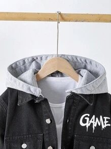 青少年男孩牛仔夹克和外套，休闲百搭街头风夹克，带可拆卸兜帽，四季必备衣橱单品 - 黑色 - 查看 5