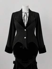 Sweetra Chaqueta corta de estilo Lolita, de tela de terciopelo con diseño de parche de elemento de murciélago elegante y dulce en la cintura, estilo gótico, para otoño - Negro - Ver 5