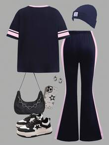 SHEIN Leap Crew 2pcs Tween Girls Casual Loose Fit Retro College Navy Blue & Pink, Street Fashion Digit 95 Print, Striped Color Block Round Neck Short Sleeve T-Shirt And Flare Pants Set, Suitable For Summer, Autumn Outfits For Easy Comfort, Autumn Layers For Girls, Stylish Kids, Casual Wear, Girls Graphic Clothes, Back To School, Fall Clothes, Homecoming - Multicolor - View 2