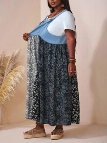 SHEIN CURVE+ 加大码印花面料拼布吊带连衣裙，适合女士春秋季服装、冬季、CURVE PLUS/秋冬 - 彩色 - 查看 4