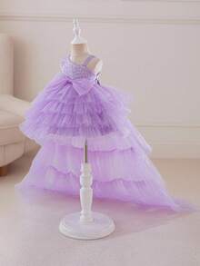 Glamorique Kids 圣诞节/新年派对装女婴亮片拖尾薄纱蛋糕裙、细肩带柔软公主裙 - 紫色 - 查看 4