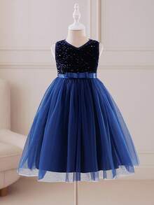 Glamorique Kids Đầm bé gái thanh lịch và dễ thương với màu xanh ẩn bên trong, không tay, đính sequin, chất liệu voan mỏng, dáng phồng, thích hợp cho các bữa tiệc Giáng sinh và những dịp trang trọng. - Màu xanh hải quân - Xem 7