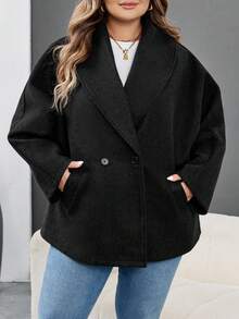 SHEIN CURVE+ Abrigo negro elegante con solapa para mujer de talla grande, de manga larga y versátil, adecuado para otoño/invierno - Negro - Ver 3