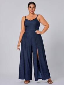 Flexra Plus Size Women Knitted Denim High Slit Jumpsuit - Dark Wash - View 6