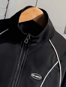 Sparklyn Tween 女孩休闲弹性袖口和下摆夹克风衣，梭织面料，手感舒适，撞色饰边，正面图案，宽松版型，适合春季、夏季、秋季、日常、通勤、户外、派对、拍照 - 黑色 - 查看 4