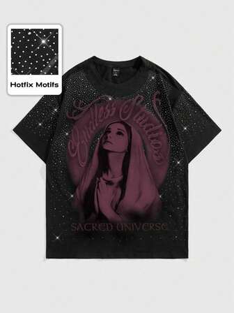 Goth Herren T-Shirt mit Strass-Verzierung der Jungfrau Maria, geeignet für Frühling/Sommer Alltagskleidung, 2000er Jahre Stil