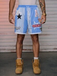 Pantalones cortos con cordón estampados de estilo casual y urbano de hip hop para hombres AXEPEAK - Celeste - Ver 3