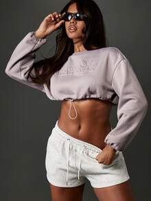 Missguided x Playboy Embossed Cropped Sweatshirt With Adjustable Drawstring Hem Casual Loungewear Pullover For Winter Fall Season - Grey - View 5