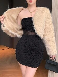 DAZY 女士V领短款宽松长袖优雅蓬松性感夹克秋冬蓬松外套 - 米色 - 查看 4