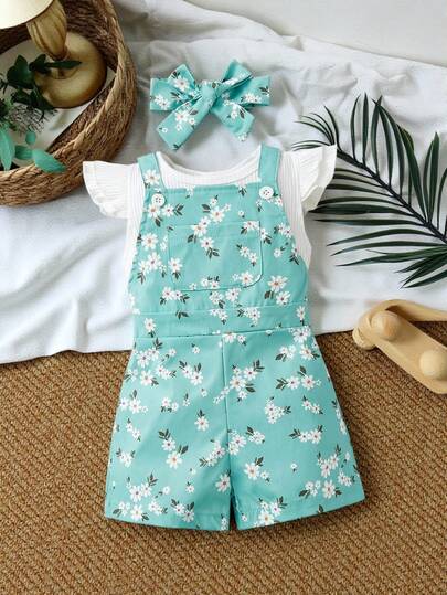 SHEIN Vintaside Kids Baby Girl Ruffle Trim Tee & Floral Print Overall Romper With Headband