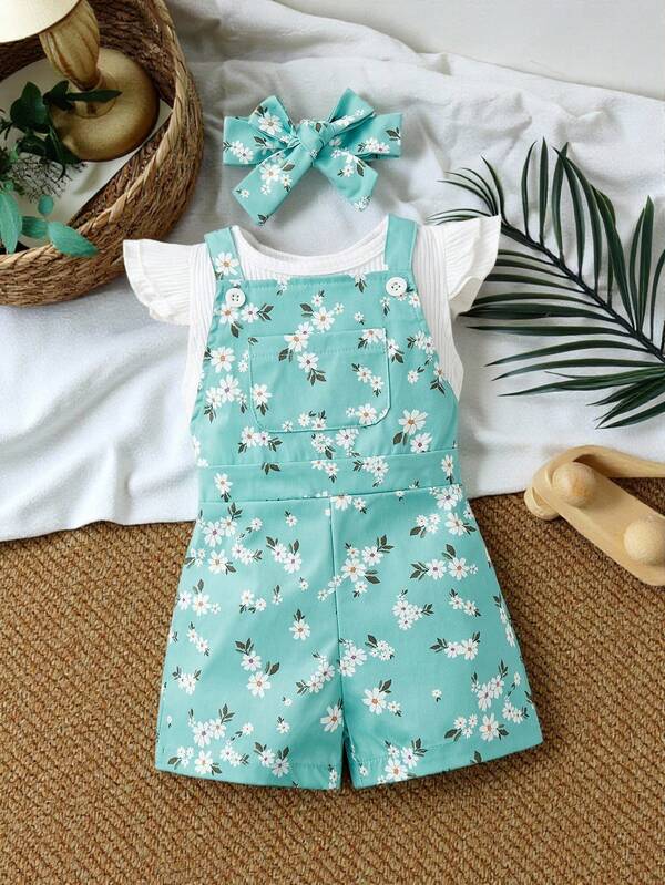 SHEIN Vintaside Kids Baby Girl Ruffle Trim Tee & Floral Print Overall Romper With Headband