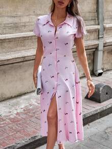 EURMUSE Váy sơ mi vải thêu hoa thanh lịch cho nữ - Hồng - Xem 6