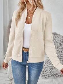 SHEIN LUNE Fashionable Casual Khaki Color Knitted Jacquard Jacket, Suitable For Commuting In Fall/Winter,Casual - Beige - View 5