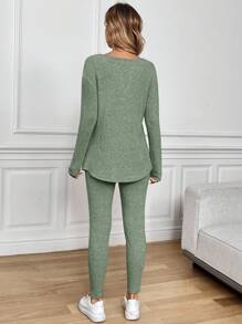 SHEIN LUNE 2 件套女士长袖 T 恤和紧身裤，毛绒罗纹粉色套装，秋冬 - 薄荷綠 - 查看 7