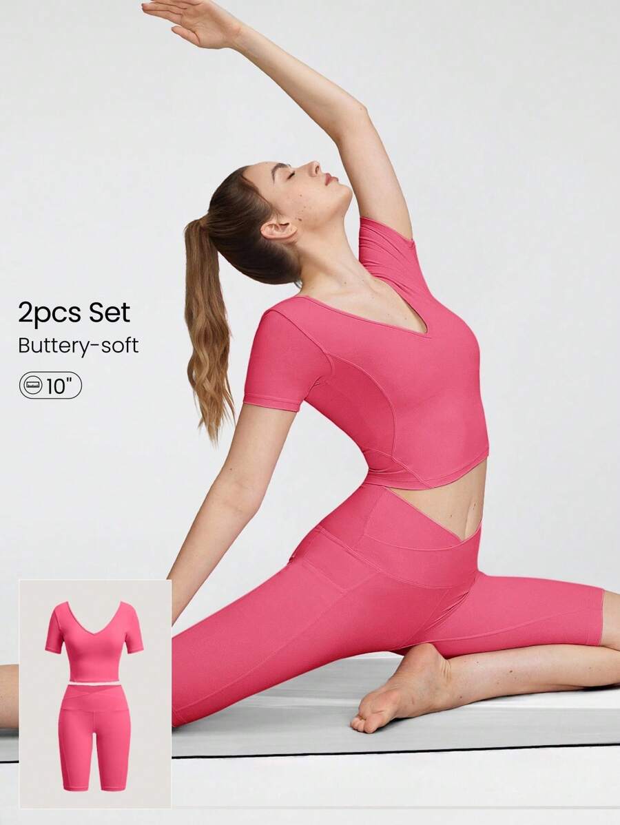 GLOWMODE 2 Pieces FeatherFit™ U-Back Cropped Active Tank & 4.3" Tummy Control Biker Shorts Set Low Impact Yoga Pilates Daily - Blush Crush - View 1