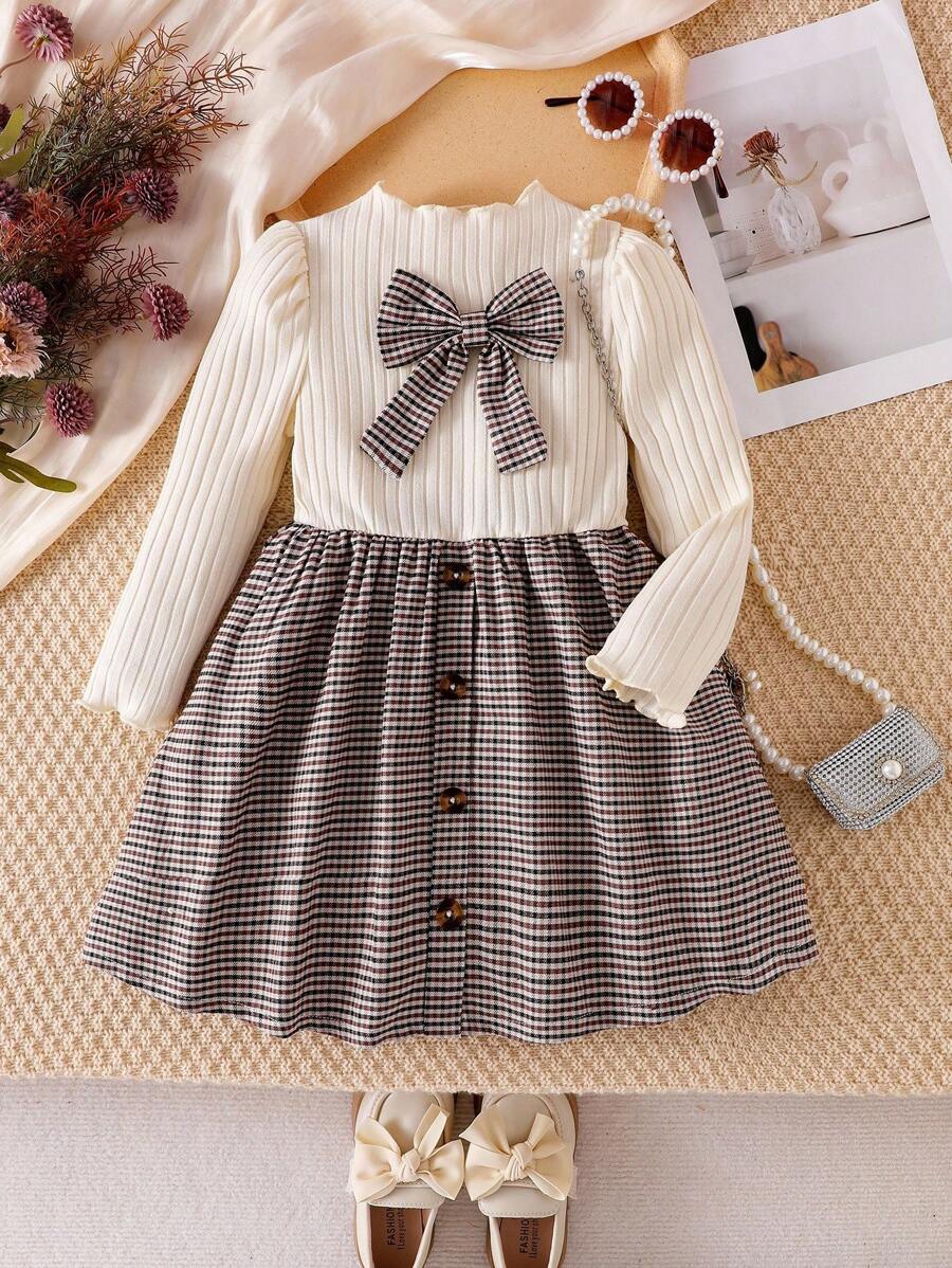 Genkimix Kids 年轻女孩秋冬针织罗纹长袖上衣和格子下摆梭织连衣裙，休闲优雅 - 杏色 - 查看 1