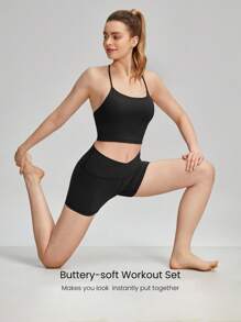 GLOWMODE Áo ngực thể thao FeatherFit™ & Bộ quần đùi 4,3'' Áo ngực đan chéo lưng với quần đùi đeo chéo dành cho người đi xe đạp Tác động thấp Yoga Chạy bộ hàng ngày Tập thể dục mùa hè - màu đen - Xem 2