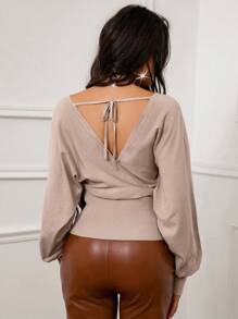 Xyvia Women's French Style V-Neck Criss-Cross Hem Waist Design Sweater,Maillard Style Fall Winter Cloth For Women - Khaki - View 2