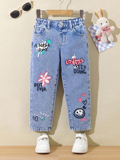 SHEIN Young Girl' Cute Graffiti Smiling Face & Letter Print Loose Fit Flared Denim Pants,Autumn Clothes,Fall Clothes,Autumn Clothes