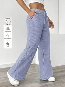 SHEIN PETITE Quần ống rộng sọc xanh thường ngày dành cho nữ, đi nghỉ - Màu xanh lam - Xem 1