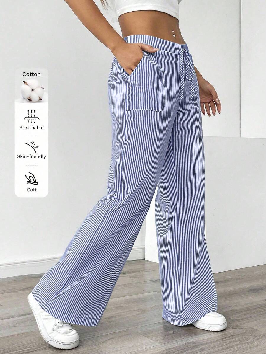SHEIN PETITE Quần ống rộng sọc xanh thường ngày dành cho nữ, đi nghỉ - Màu xanh lam - Xem 1