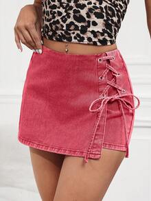 SHEIN Tall Pantaloni scurți din denim cu bretele încrucișate, casual, pentru femei, de vară - roșu - Vizualizare 5
