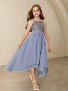 Girls' Chiffon Sequin Princess Dress, Suitable For Halloween, Graduation, Music Performance, Recital, Stage Show - Blue - View 3
