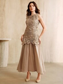 SHEIN X GALILEA Anewsta 优雅节日水溶3D镂空花朵拼布雪纺喇叭裙 卡其色 春夏 - 卡其色 - 查看 5