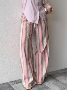 Jeta Ari Pantalones largos de algodón y lino a rayas para mujeres, pantalones informales de pierna ancha para playa y vacaciones, estilo natural elegante, para verano