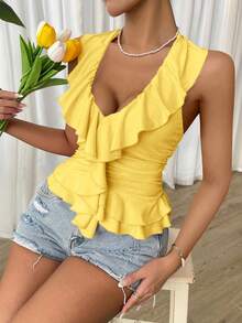 SHEIN Unity Women's Solid Color V-Neck Sleeveless Ruffle Trim Fitted Tank Top - Pale Yellow - View 5