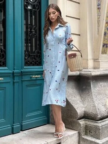 Chiquease New Embroidered Pleated Waist Casual Versatile Slim Fit Dress Fall Cloth For Women - Blue - View 3