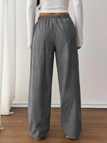 SHEIN PETITE 女士灰色休閒居家條紋長褲，適合春夏，工裝褲細條紋褲，適合嬌小女性 - 黑色 - 查看 2