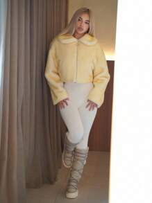 Sweetina Women's Autumn And Winter Cute Sweet Casual Pure Desire Style Y2K Millennial Style Yellow Dyed Peak Lapel Zipper Loose Cut Fake Fur Coat - Beige - View 6