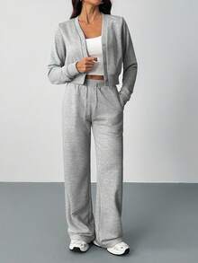 SHEIN Tall Bộ 2 món áo và quần trơn màu thường ngày dành cho nữ - Xám - Xem 4