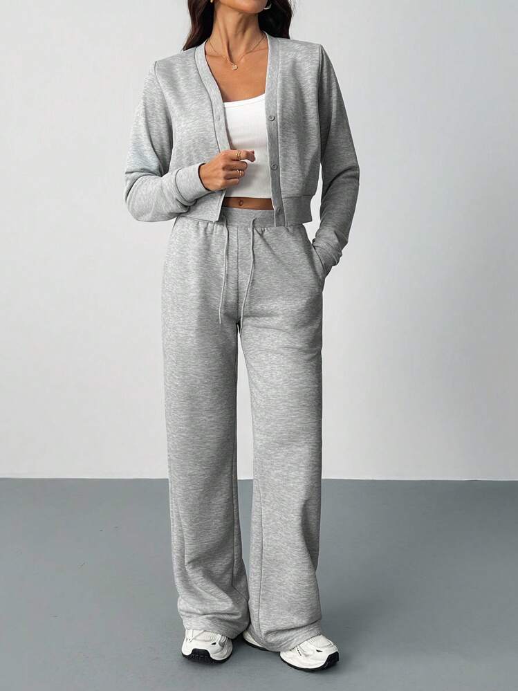SHEIN Tall Women's Casual Solid Color Top And Pants 2 Pieces Set Grey Two Piece Set,Fall - Grey - View 4