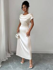 Elenzga 加大码女式束腰短袖宽松领口优雅百搭通勤约会派对长款舒适H型连衣裙 - 杏色 - 查看 4