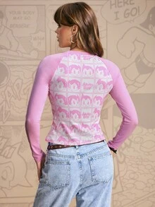 Astro Boy X SHEIN Women's Cartoon Figure Graphic Color Block Round Neck Long Sleeve T-Shirt - Pink - View 2