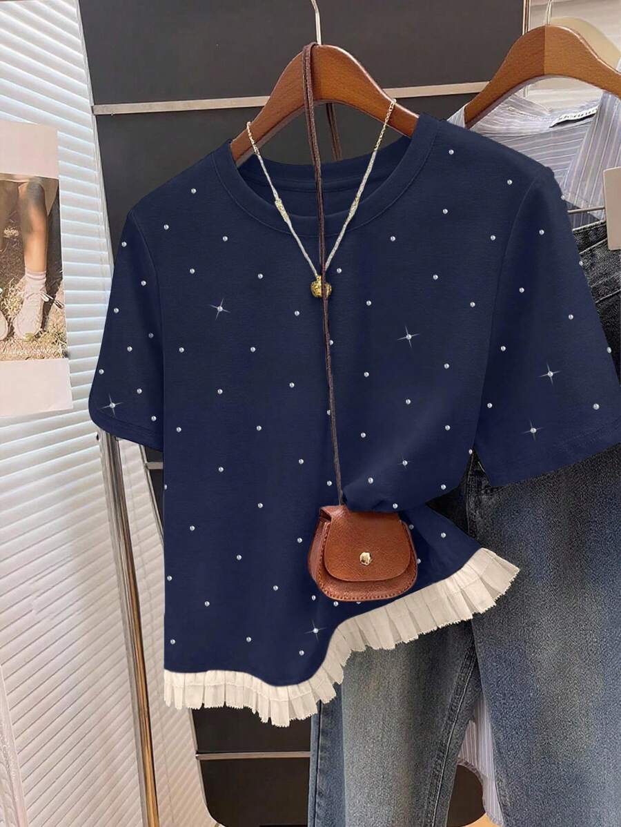 INAWLY Women's Casual Daily Rhinestone Decor Multi-Layer Ruffle Hem Loose Short Sleeve T-Shirt, Summer - Navy Blue - View 1