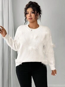 Elenzga Plus Size Women Solid Color Round Neck Long Sleeve Fuzzy Decor Fashion Pullover Sweater Winter Fall Autumn - White - View 1