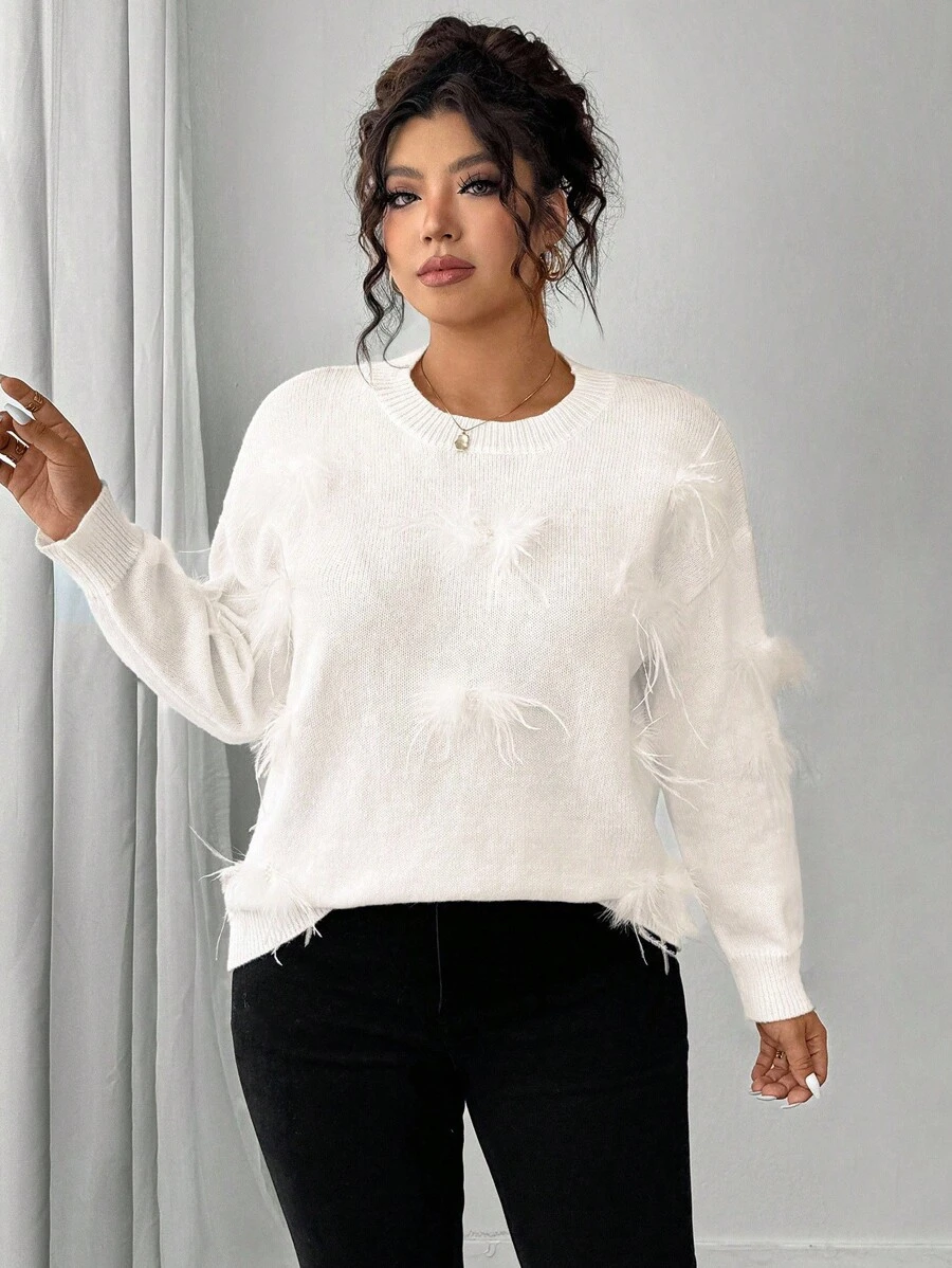 Elenzga Plus Size Women Solid Color Round Neck Long Sleeve Fuzzy Decor Fashion Pullover Sweater Winter Fall Autumn - White - View 1