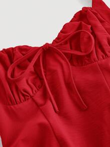 SHEIN MOD 女式露背褶饰蝴蝶结摆裙，酒红色派对女装，跨年晚会服装，化妆舞会礼服，生日女装，性感酒红色连衣裙，蝴蝶结连衣裙，新年公主女装 - 酒紅色 - 查看 3