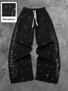 ROMWE MEN Street Life Spring Casual Graphic Streetwear Style Rhinestone English Text Straight Leg Sweatpants - Black - View 1