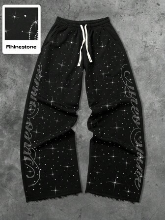 Street Life Streetwear Style Rhinestone English Text Straight Leg Sweatpants