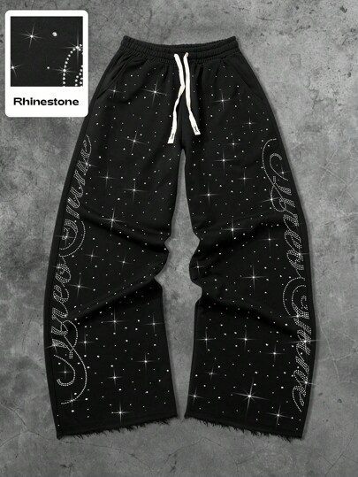 Street Life Streetwear Style Rhinestone English Text Straight Leg Sweatpants