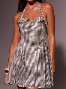 Athîral 女式无袖格子褶饰迷你连衣裙 - 棕色 - 查看 5