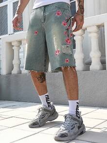 ROMWE MEN Street Life Men's Floral Embroidery Loose Denim Shorts - Dark Wash - View 1